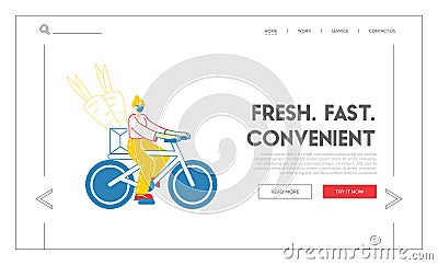 Female Character Riding Bicycle Delivering Food to People Landing Page Template. Pandemic Quarantine Vector Illustration