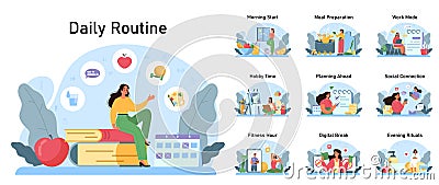 Female character daily routine and schedule. Active and healthy lifestyle Vector Illustration