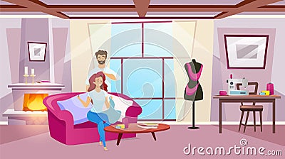 Female character sewing in cosy room flat color vector illustration Vector Illustration