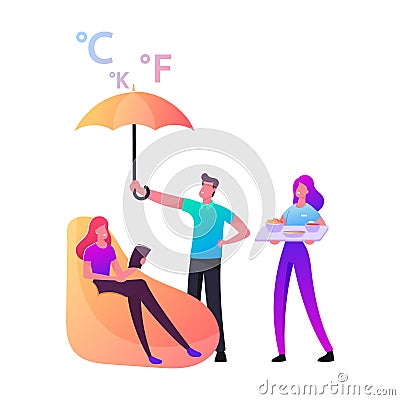 Female Character Sitting in Soft Armchair with Book or Flyer in Hands. Man Cover Girl with Umbrella Vector Illustration