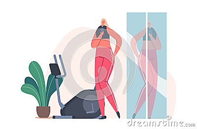 Female Character in Sportswear Taking Selfie in Gym. Sporty Girl Shoot Photo of Mirror Reflection on Smartphone Vector Illustration