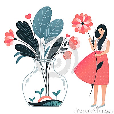 Female character stand with flask bank plant isolated on white, flat vector illustration. Tiny woman hold flower, glass Vector Illustration