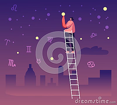 Female Character Stand on Ladder Take Star from Sky among Zodiac Constellations. Woman Studying Astrology and Astronomy Vector Illustration