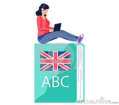 Woman studying foreign language at laptop. Student at online learning on English dictionary Vector Illustration