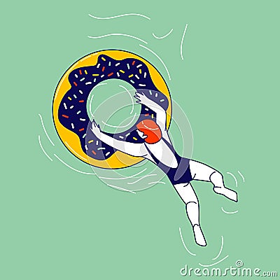 Female Character in Swimming Suit Enjoying Summer Time Vacation Floating on Inflatable Mattress in Shape of Donut Vector Illustration