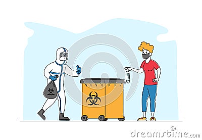 Female Character Throw Covid Waste to Litter Bin with Bio Hazard Symbol. Woman Put Used Medical Mask in Container Vector Illustration