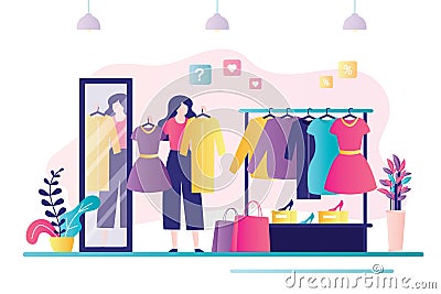 Female character try on dresses in fashion store. Different clothes hanging on hanger. Woman chooses between two dresses Vector Illustration