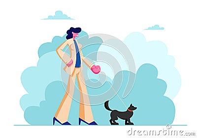 Female Character Walk with Dog in Public City Park. Woman in Fashioned Suit Spending Time with Pet Outdoors on Summer Time Vector Illustration