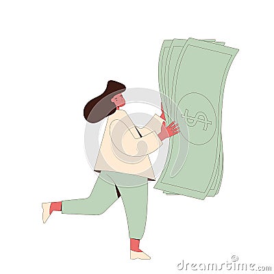 Female character wearing in casual clothes with money in her hands isolated on a white background. Young cute woman witn coin. Vector Illustration