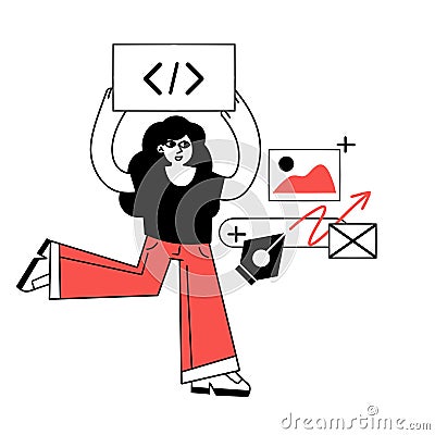 Female character web designer. Website development. Coding and programming Vector Illustration