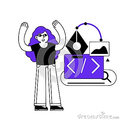 Female character web designer. Website development. Coding and programming Vector Illustration