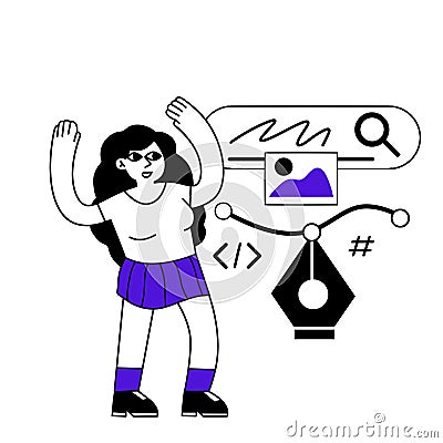 Female character web designer. Website development. Coding and programming. Vector Illustration
