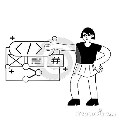 Female character web designer. Website development. Coding and programming Vector Illustration