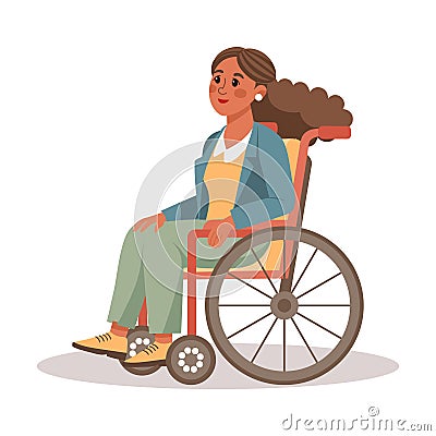 Female character in a wheelchair, young woman with disabilities. Disability rights concept. Illustration Vector Illustration