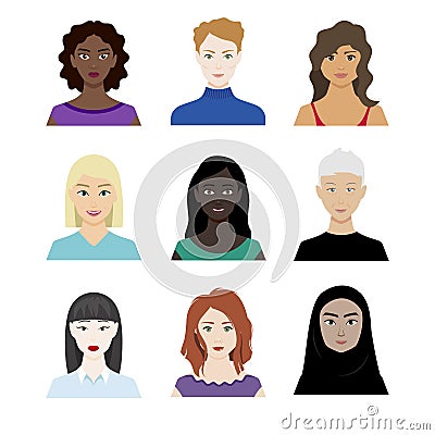 Female characters of different races and ages Vector Illustration