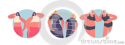 Female Characters with Distorted Inadequate Perception Isolated Round Icons. Skinny and Fat Women, Dysmorphophobia Vector Illustration