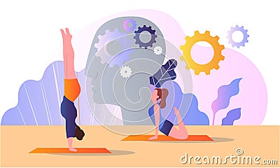 Female characters are doing yoga and meditation as psychological body treatment Vector Illustration