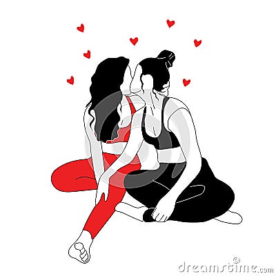 Female characters looking at each other. Lesbian couple in love. Vector Illustration