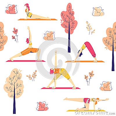 Female characters practice yoga in the park. Outdoor yoga concept. Seamless pattern. Vector Illustration