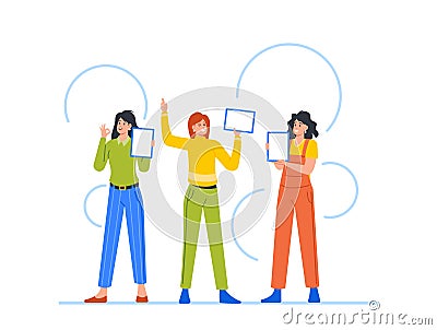 Female Characters Presenting Advertising or Application on Modern Device Desktop and Gesturing Vector Illustration Vector Illustration