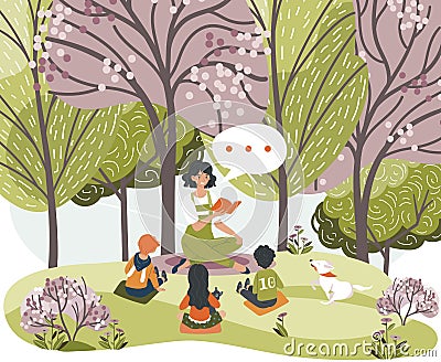 Female characters read book, tell story for children, woman, kids, dog sit forest, city park, grass place, vector Vector Illustration