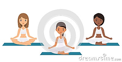 Female characters sitting in lotus yoga pose. Vector. Vector Illustration