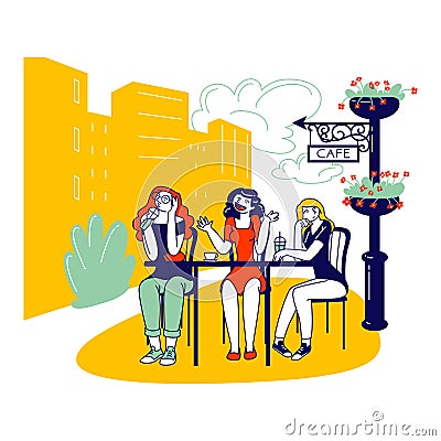 Female Characters Sitting in Outdoor Cafe Drinking Coffee and Listening Boring Annoying Talk of Girl Friend Vector Illustration