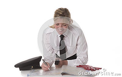 Female chauffeur in uniform planning route Stock Photo