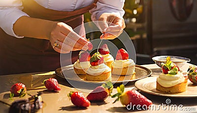 Female chef decorating cakes with fruits on the table Stock Photo