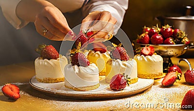 Female chef decorating cakes with fruits on the table Stock Photo