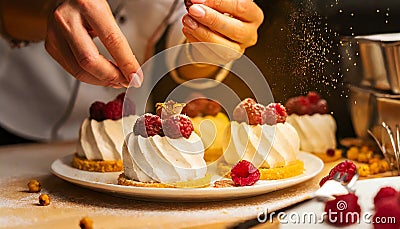 Female chef decorating cakes with fruits on the table Stock Photo