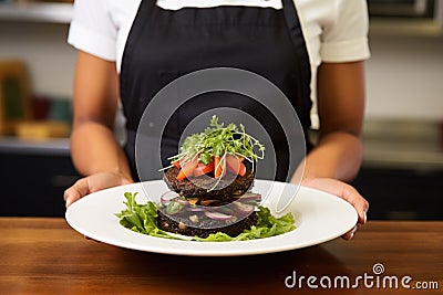 female chef presenting a black bean burger on a plate Stock Photo