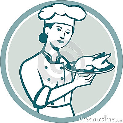 Female Chef Serving Chicken Roast Circle Retro Vector Illustration