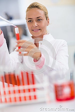 Female chemical technician full test tube with sample liquid Stock Photo