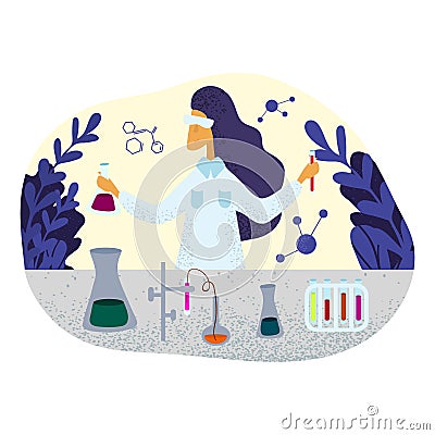 Female chemist scientist in lab coat doing research in laboratory Vector Illustration