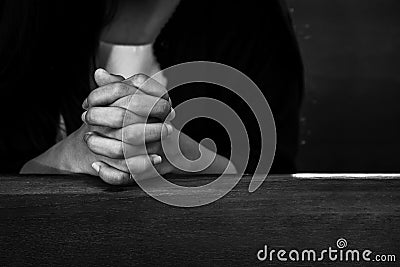Female Christian Praying in the Church, Religion Concept of Jesus Christ Believer Stock Photo