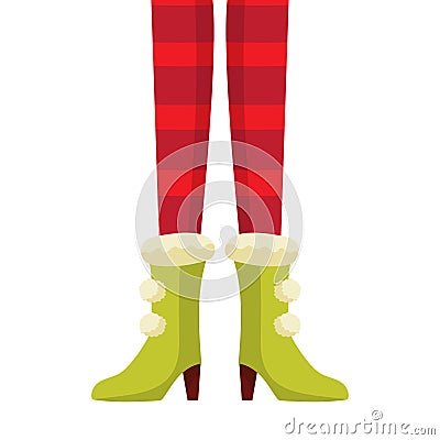 Female Christmas Elf legs in striped stockings Vector Illustration