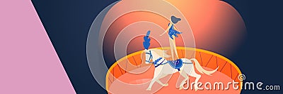Female circus performer riding white horse in arena. Woman in show costume on galloping steed. Circus show, equestrian Vector Illustration