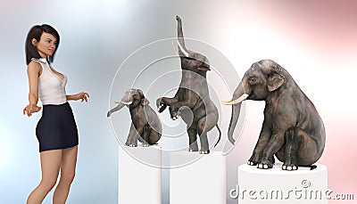 Female circus tamer with dwarf elephants Cartoon Illustration