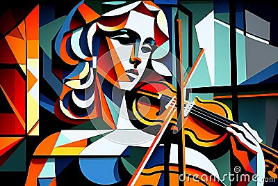 Female classical musician violinist playing a violin or viola in an abstract orchestra cubist style painting Cartoon Illustration