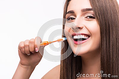 Female clean teeth in the bathroom, dental clinic, dentistry health care, healthy lifestyle, tooth whitening concept Stock Photo