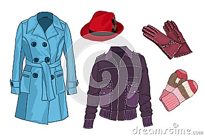 Female Closet. Outerwear. Demi-season clothes. Hats and accessories. Vector. Vector Illustration