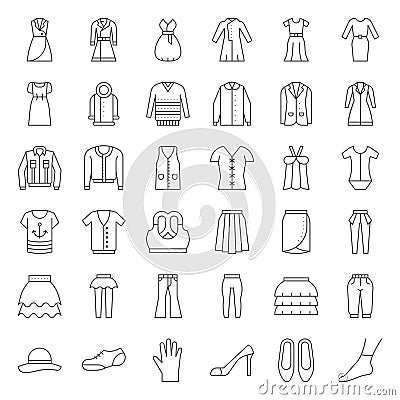 Female clothes, bag, shoes and accessories thin outline icon set Vector Illustration