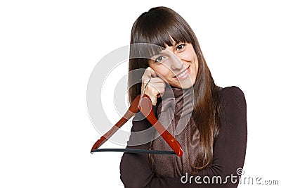 Female with clothing hanger Stock Photo