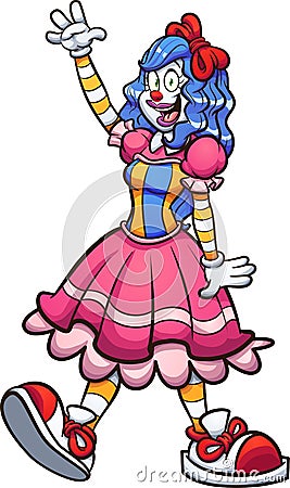 Happy female cartoon clown with blue hair Vector Illustration