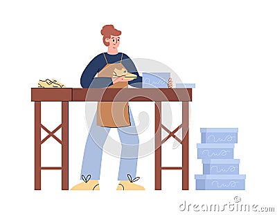 Female cobbler packs handmade shoes in the boxes, flat vector illustration isolated on white background. Vector Illustration