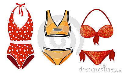 Female Colorful Swimsuits Isolated on White Background Vector Set. Fashion Tankini Collection Vector Illustration