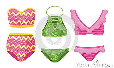 Female Colorful Swimsuits Isolated on White Background Vector Set. Fashion Tankini Collection Vector Illustration