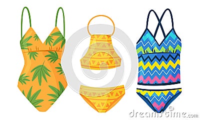 Female Colorful Swimsuits Isolated on White Background Vector Set. Fashion Tankini and Monokini Collection Vector Illustration