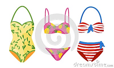 Female Colorful Swimsuits Isolated on White Background Vector Set. Fashion Tankini and Monokini Collection Vector Illustration